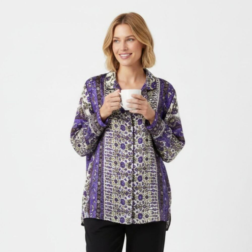 Oscar De La Renta Blue & White Print Button Close Long Sleeve Pajama PJ Top L